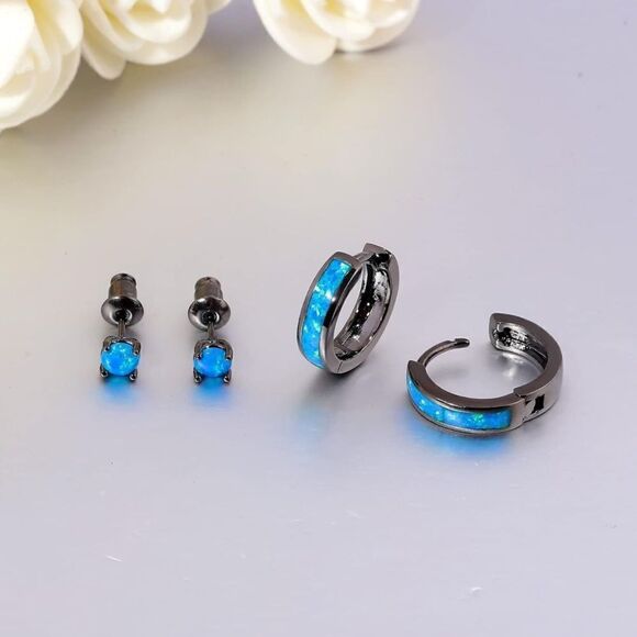 14K Black Gold with Genuine Blue Fire Opal Huggie and Stud Earrings Set of 2 - Picture 4 of 5